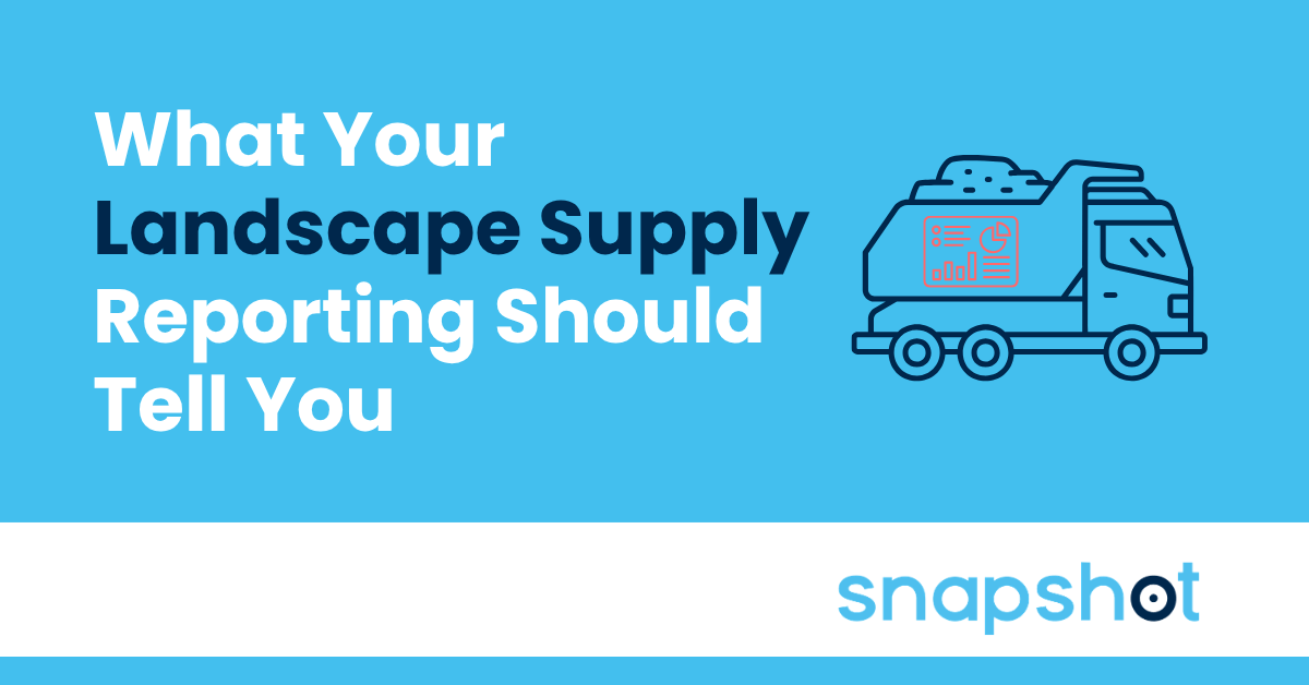 Landscape supply reporting graphic featuring a delivery truck with an analytics dashboard