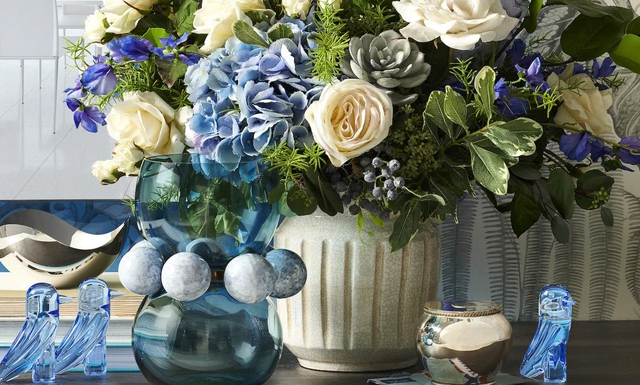 Gumps Image of blue and white flowers in a vase