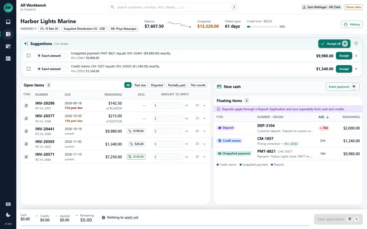 AR Workbench customer screen for Harbor Lights Marine with two exact-amount match suggestions, five open invoices and a floating credit memo, unapplied payment and deposit side by side