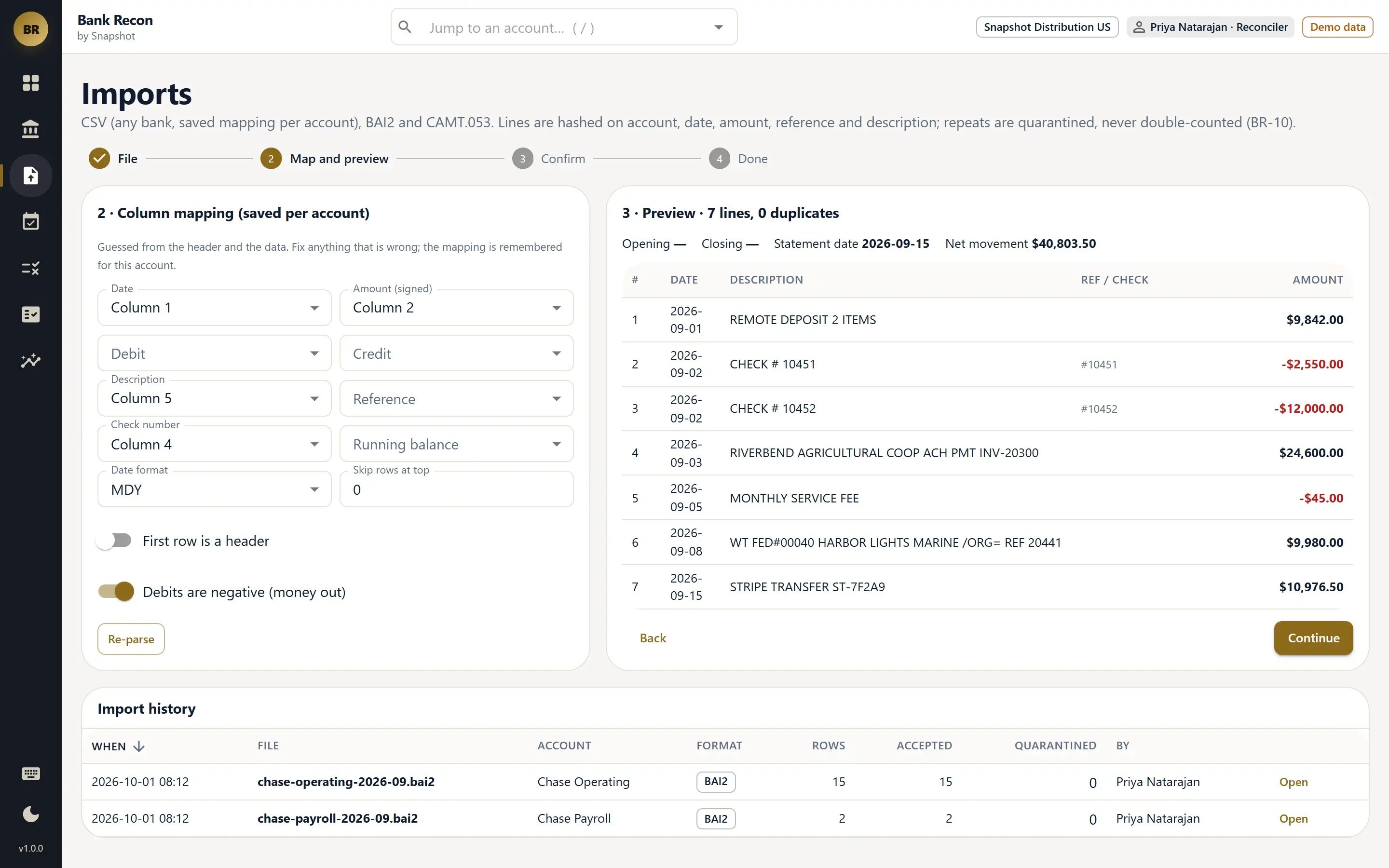 Bank Recon statement import wizard mapping a bank CSV file to date, amount, description and check number columns, with a preview of seven bank lines