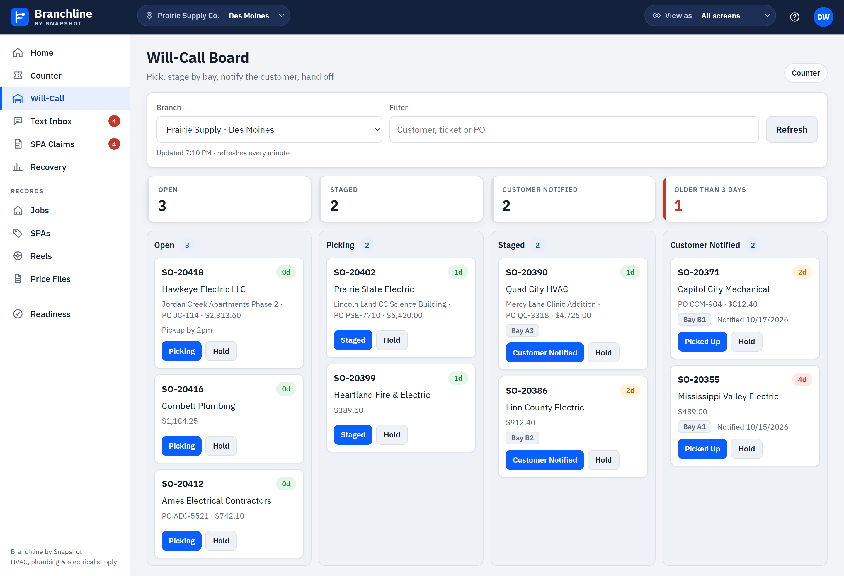 Branchline will-call board with orders in Open, Picking, Staged and Customer Notified lanes, each card showing customer, job, PO, total, bay and age