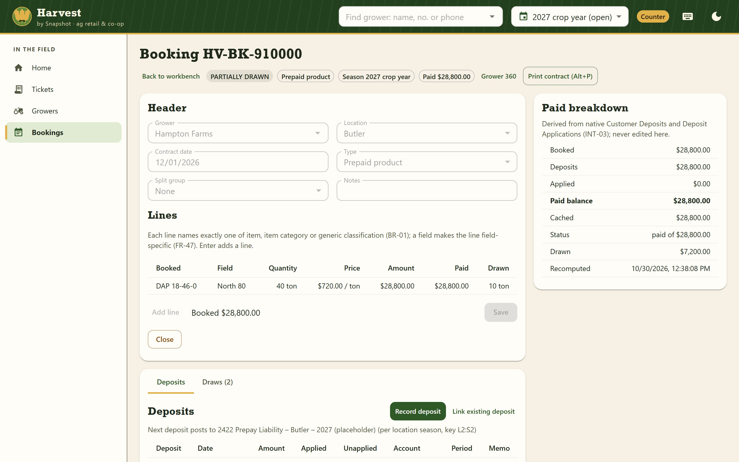 Harvest prepaid booking contract for 40 tons of DAP on Hampton Farms' North 80 field, partially drawn, with a paid breakdown derived from NetSuite customer deposits and a print-contract action