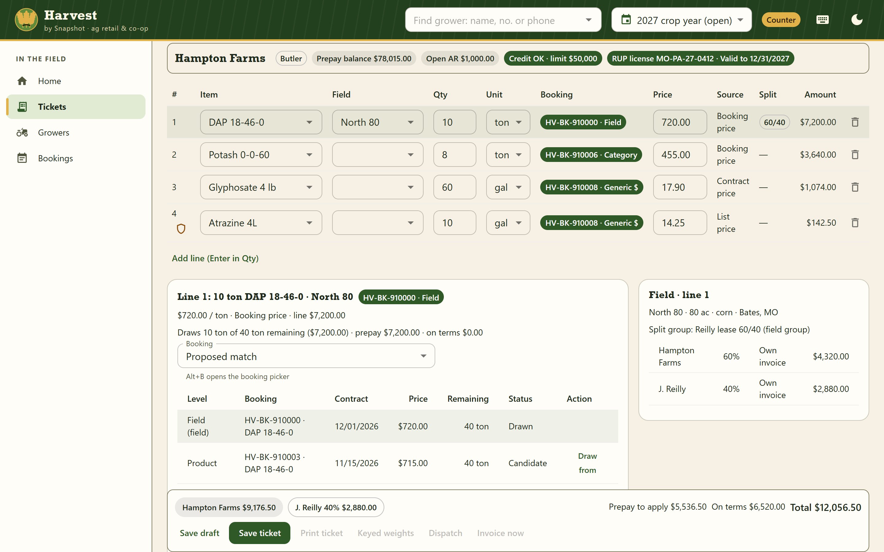 Harvest counter ticket for Hampton Farms: each line is matched to a prepaid booking (field, category or generic), a restricted-use Atrazine line carries the RUP shield with a valid license, and the booking card shows the draw
