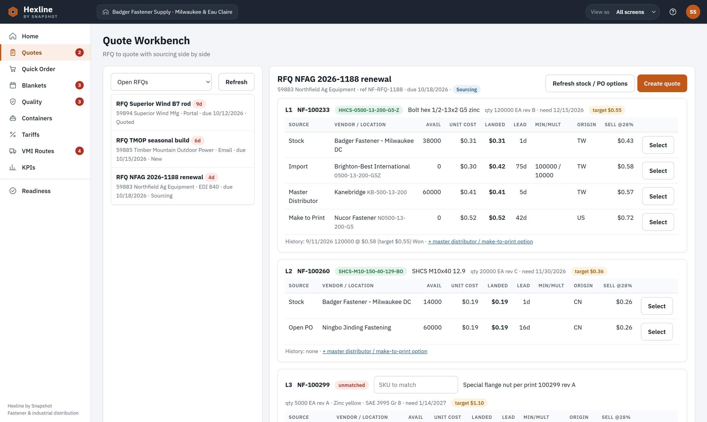 Hexline quote workbench with an open RFQ: stock, import, master distributor and make-to-print sourcing options side by side, with unit cost, landed cost including Section 232, lead time, origin and sell price against the customer's target