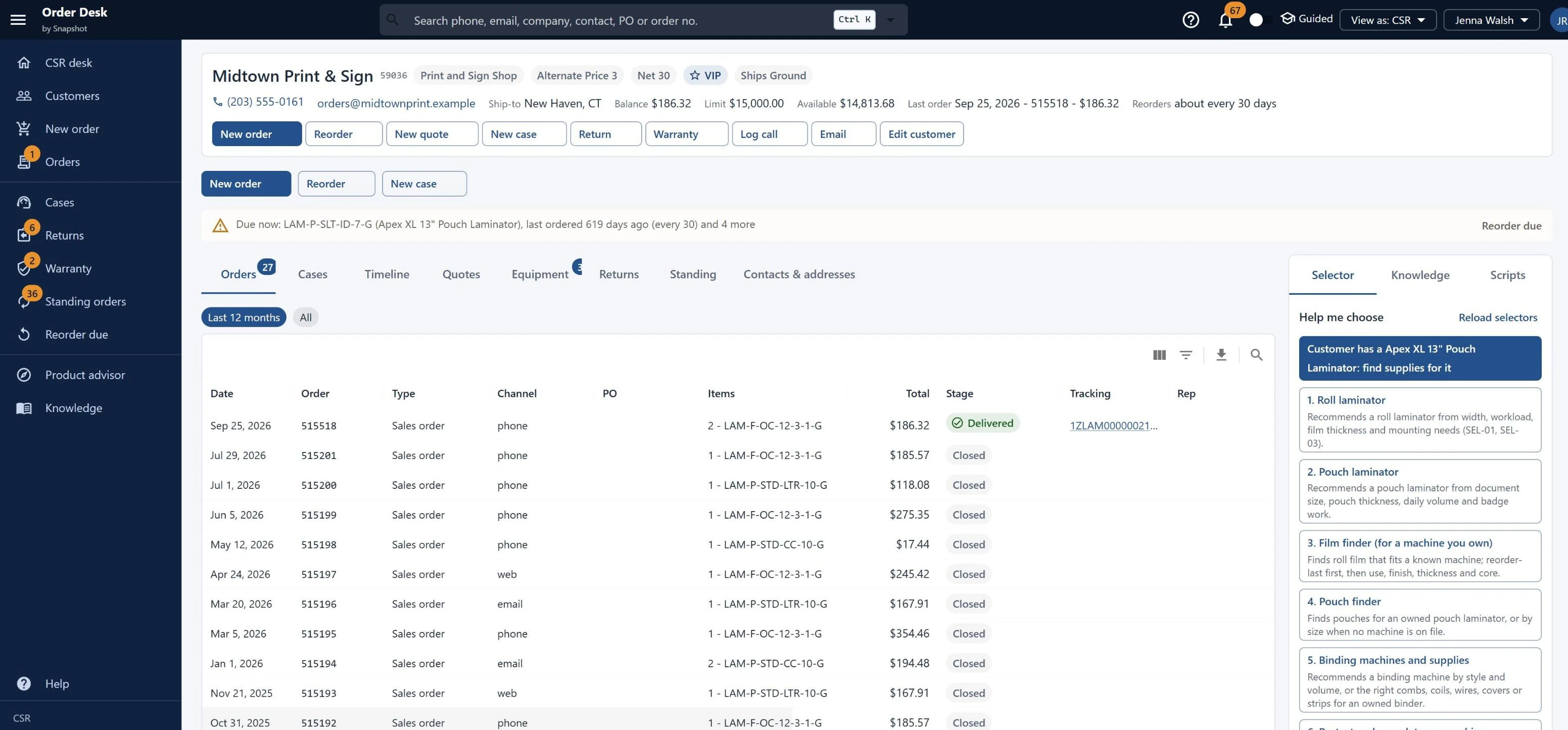 Order Desk customer workbench with order history, quick actions and guided product selectors