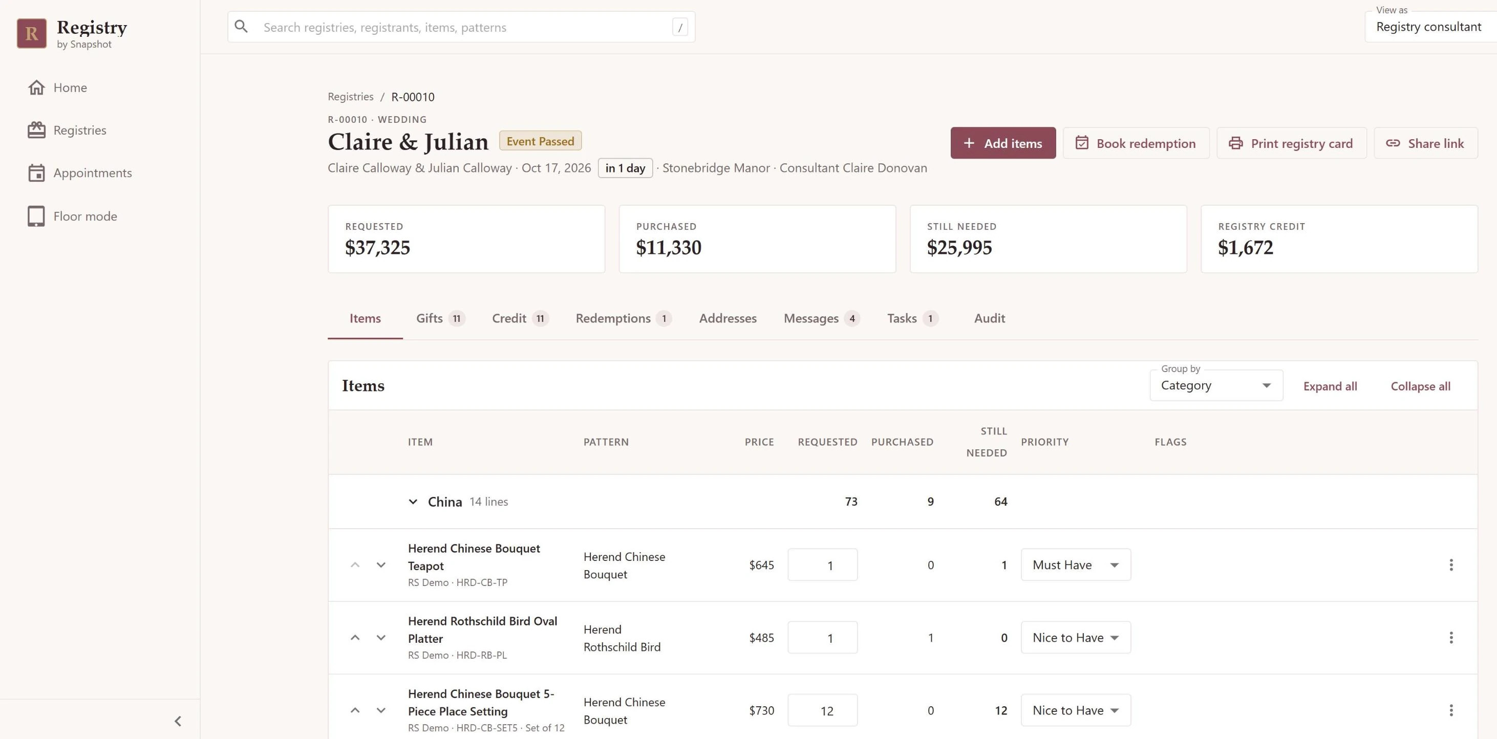 Registry workspace for a wedding registry with requested, purchased, still-needed and credit totals and an items list
