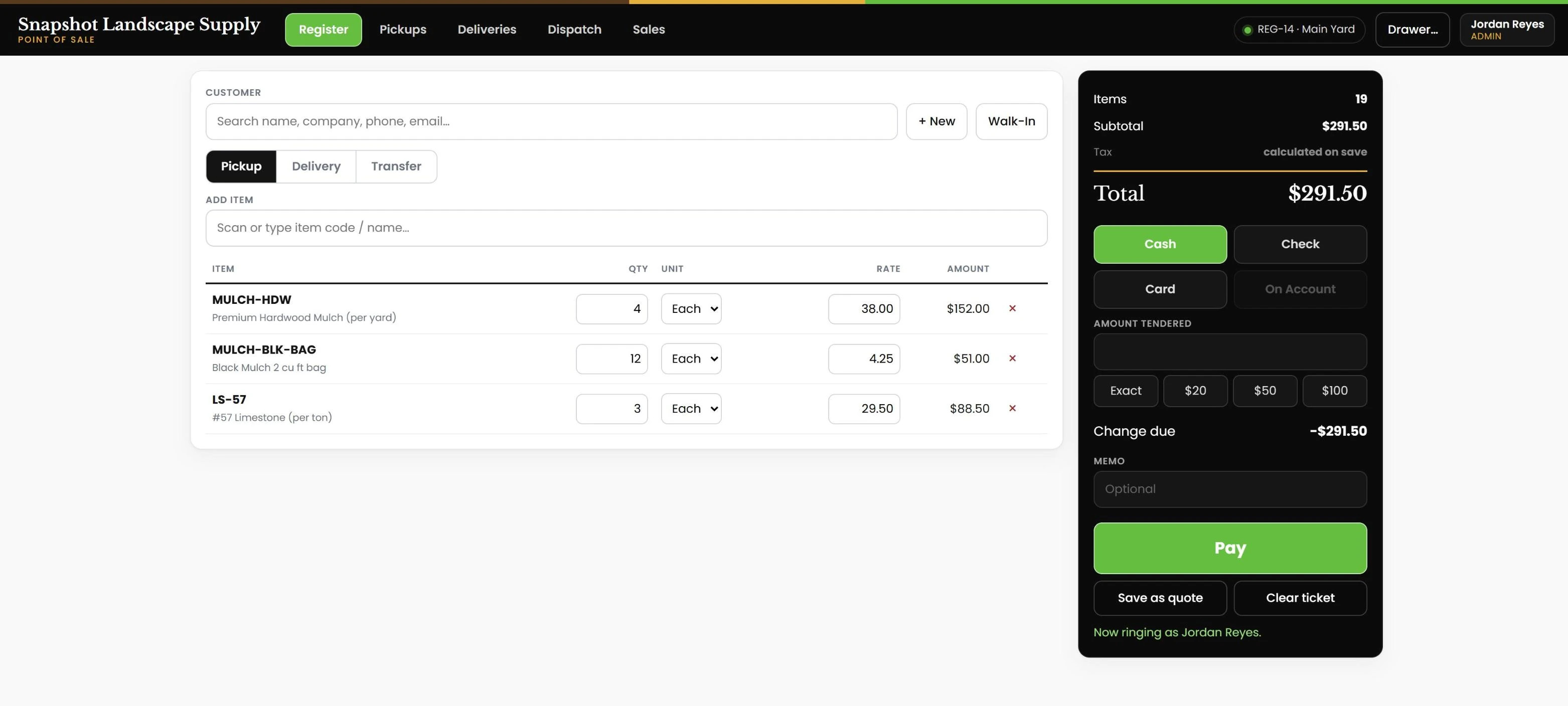 Snapshot POS register with a pickup ticket for hardwood mulch, bagged mulch and limestone, and a tender panel with cash, check, card and on-account buttons