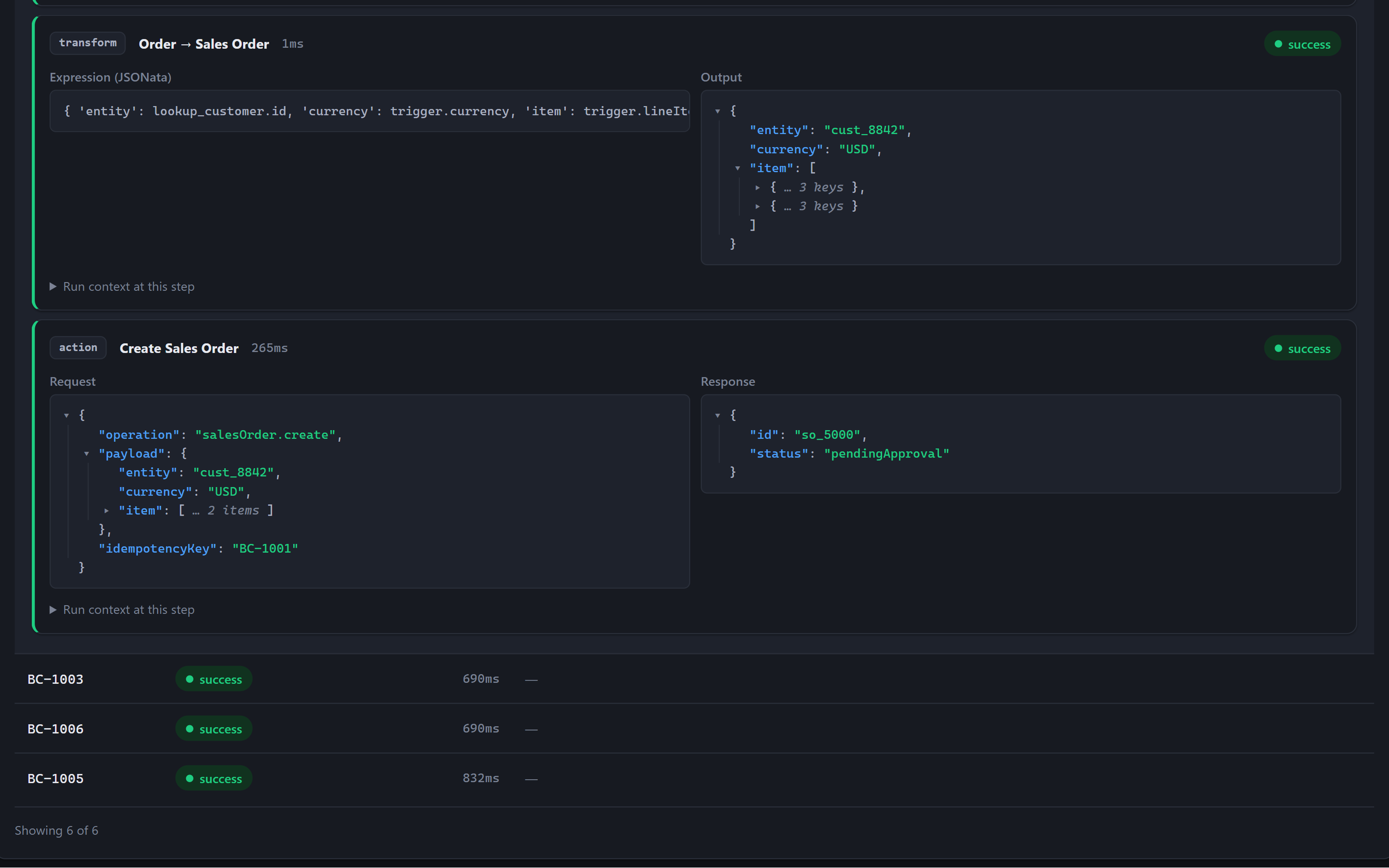 SynchUP NextGen step details for one order: the transform step's mapping expression and output, then the NetSuite create sales order request with its idempotency key and NetSuite's response